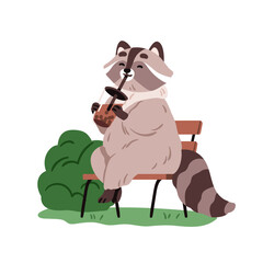 Cute raccoon drinking boba beverage, bubble tea. Happy funny animal character, racoon relaxing with milkshake, sitting on bench in park, nature. Flat vector illustration isolated on white background