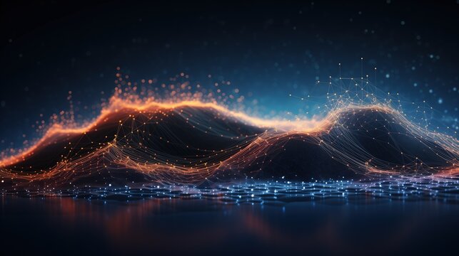3d rendering of abstract digital landscape with flowing particles and depth of field