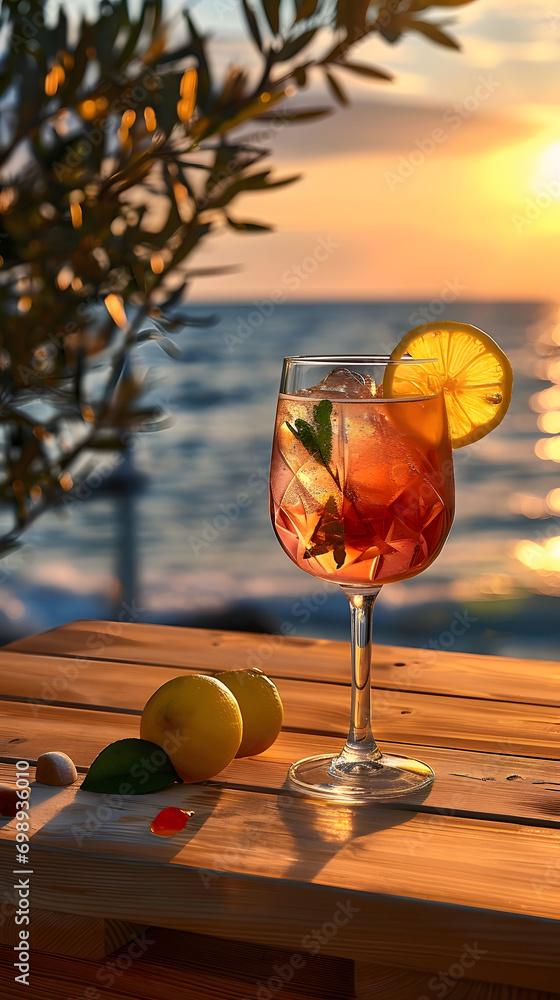 Wall mural Cocktail on a table, sea, spritz, sangria, alcohol, party at the beach, drinking at the pool, beautiful view, lemon slice, luxury, summer night, bar and restaurant, fresh beverage, - Wall murals