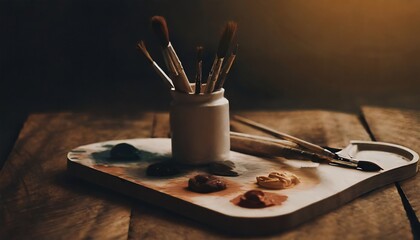 Palette with paint and paintbrushes