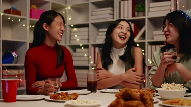 Friends join and celebrate the party with eating foods and drinks. Happy and joyful in holiday weekend and festival.