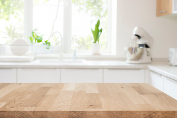 Empty beautiful wooden table top and blurred modern kitchen interior background