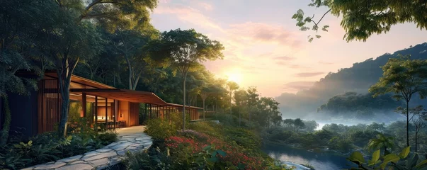 Poster luxury resort with nature ,eco tourism, villas, travel, relax ,Generative AI © kanesuan