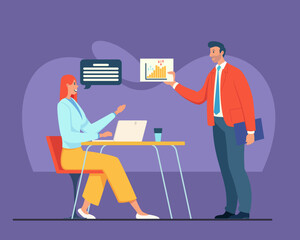 Man showing financial report with bar chart to female executive manager. Vector illustration. Businesswoman working on laptop in office. Business, meeting, leadership concept