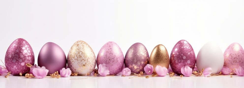 Colored painted pearl chicken and quail eggs of pink, silver, golden color on pastel background - Powered by Adobe