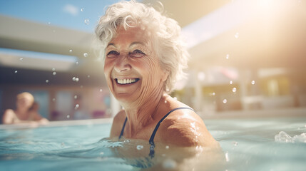 Elderly woman enjoying exercise class in pool Living a healthy retirement life in old age