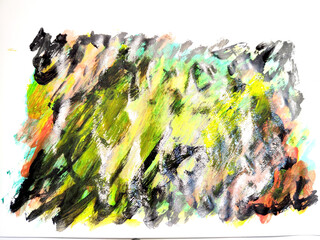 Background made of an abstract painting with watercolor paints with water stains, waves and lines in yellow, green, red and black colors. Texture, pattern, frame, copy space and place for text