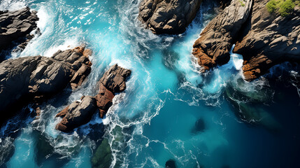 clear blue sea washing over and swirling around dark brown rocky cliffs
