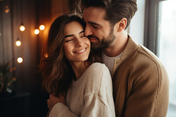 Portrait of two beautiful people in love smiling with closed eyes tender man touching his attractive girlfriend