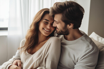 Fototapeta na wymiar Portrait of two beautiful people in love smiling with closed eyes tender man touching his attractive girlfriend