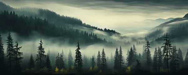 Obraz na płótnie Canvas Evergreen forest foggy, Generative AI