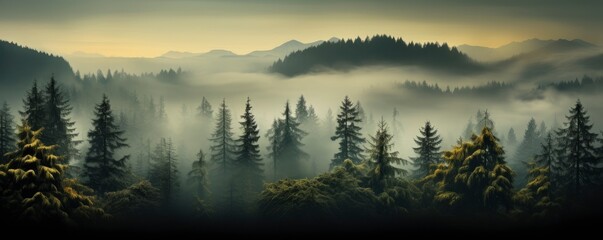 Fototapeta premium Evergreen forest foggy, Generative AI