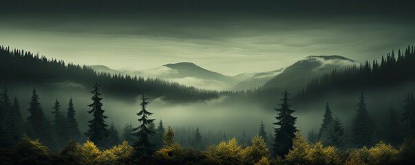 Evergreen forest foggy, Generative AI