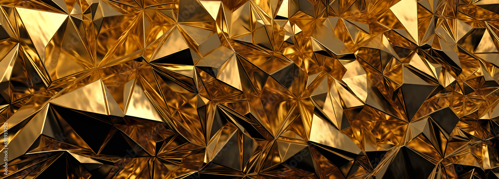 Poster abstract image of shiny, reflective gold triangles creating a 3d effect. it looks luxurious, modern,
