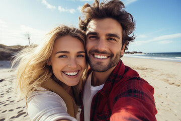 Happy couple taking selfie on beach near sea. Summer vacation