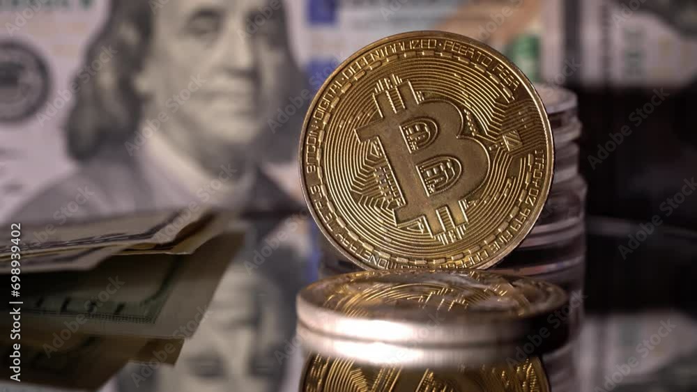 Poster close-up of man counting out dollars for bitcoins. bitcoin coin, digital gold next to hands of exper