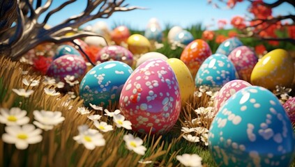 Fototapeta na wymiar Easter Eggs in Bright Colorful Flowers and Grass