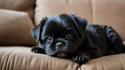 Affenpinscher dog lying on sofa in living room