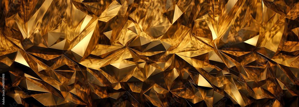 Poster 3d pattern of many gold triangles with a mix of light and dark shades, creating a textured, luxuriou