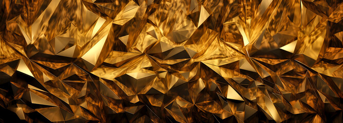 3D pattern of many gold triangles with a mix of light and dark shades, creating a textured, luxurious, and dynamic surface - obrazy, fototapety, plakaty