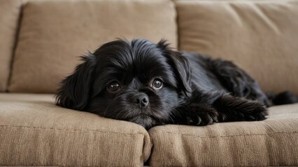 Affenpinscher dog lying on sofa in living room