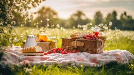 Picnic with fruit and vegetables on a blanket in the park. Summer charming outside food