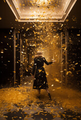 Silhouette of a woman in a room and confetti falls around her. Party time.