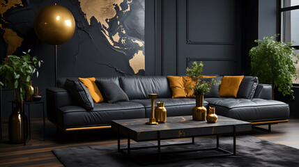Bold Elegance: Contemporary Chic in a Black and Gold Living Space