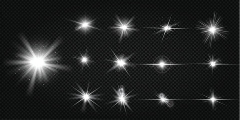 Glowing light bursts with sparkles. Glow light effect set, lens flare, explosion, glitter, line, sun flash, spark and star. Abstract image of lighting flare and white stars. Vector illustration.
 - Powered by Adobe