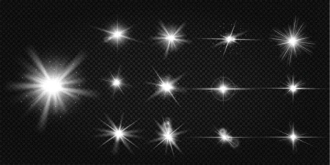Fotobehang Glowing light bursts with sparkles. Glow light effect set, lens flare, explosion, glitter, line, sun flash, spark and star. Abstract image of lighting flare and white stars. Vector illustration.  © FK