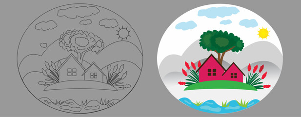 Village nature scene Tree, Flower with House Vector Illustration logo Design template And Coloring Page