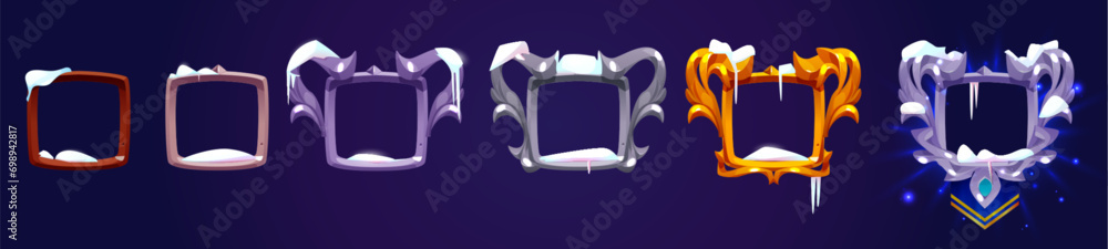 Poster fantasy decoration frame covered with snow for avatar or menu banner of game level rank ui design. e