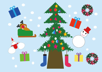 Fototapeta premium クリスマス ツリーやプレゼントやトナカイや雪だるまやサンタクロースや靴下や花輪のイラスト