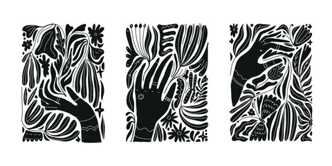 Vector set of black and white silhouette prints. Hands holding flowers, floral shapes celestial illustrations, boho style patterns art, contemporary magic cards.