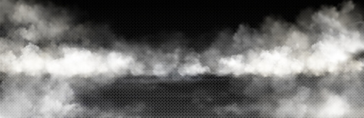 White smoke cloud with overlay effect on transparent background. Realistic border with fog. Vector illustration of smoky mist or toxic vapor on floor. Meteorological phenomenon or condensation. - obrazy, fototapety, plakaty