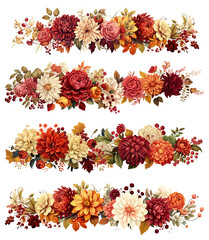Fall floral skinny border frame clipart of ranunculus, mums, roses, viburnum berries in a gouche style. Isolated on transparent background - obrazy, fototapety, plakaty