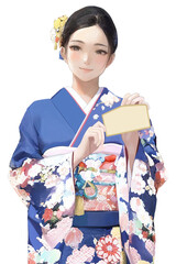 絵馬を持っている青い振袖を着た女性