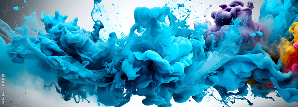Poster dynamic explosion of blue and purple ink swirling in water, creating an abstract and mesmerizing ble