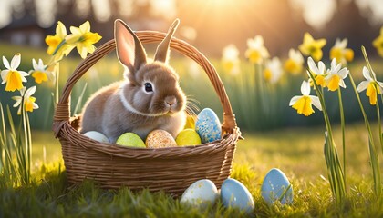 Fototapeta premium Zajączek i pisanki w wiklinowym koszyku. Obok kwitnące żonkile. Tło wielkanocne