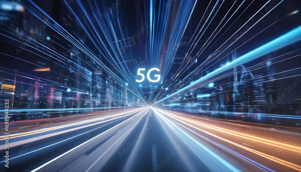 Poster 5g network with abstract high speed technology pov motion blur