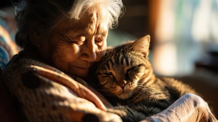 Portrait Older elderly with pet, An aged woman hugs her beloved cat - obrazy, fototapety, plakaty