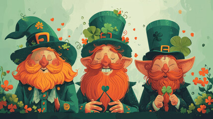 Joyous leprechauns with orange beards and green top hats celebrate amidst shamrocks, embodying the lively spirit of St. Patrick's Day.