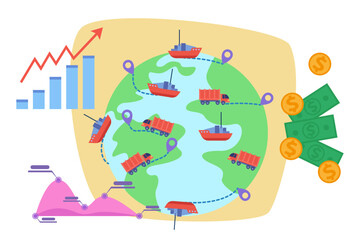 Earth globe with a lot of ships and trucks vector illustration. Logistical itinerary, destination points, money, growing chart. Increase in exports and imports, world logistics concept