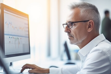 mid aged businessman working on laptop in the office