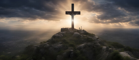 Golgotha hill and cross as symbol of Jesus' death and resurrection during Passion Week. - obrazy, fototapety, plakaty