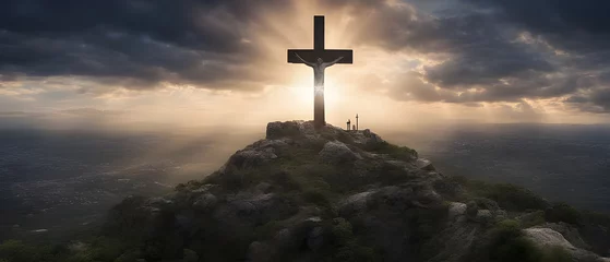 Deurstickers Golgotha hill and cross as symbol of Jesus' death and resurrection during Passion Week. © Smile Studio AP