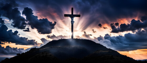 Golgotha hill and cross as symbol of Jesus' death and resurrection during Passion Week - obrazy, fototapety, plakaty