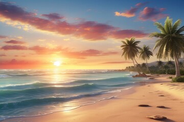 Fototapeta na wymiar Tranquil Sunset over Tropical Beach with Palm Trees