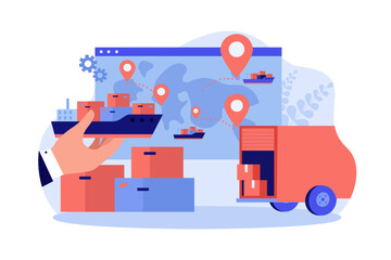 Person loading carton boxes on ship and in truck vector illustration. Map with destination points and logistical itinerary on background. Increase in exports and imports, world logistics concept