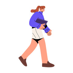 People go to work side view. Busy woman walking, carrying folder of documents. Business worker holds laptop. Employee in office outfit, girl wearing skirt. Flat isolated vector illustration on white